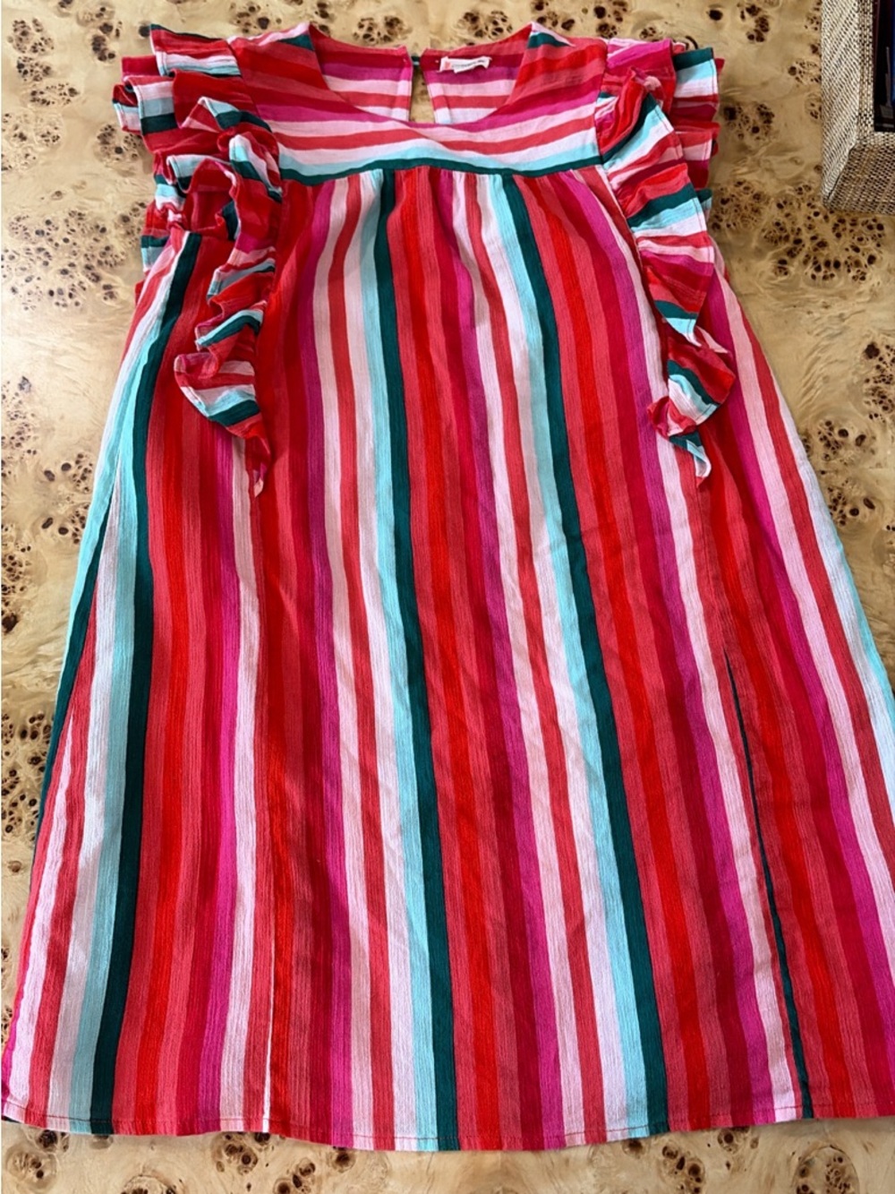 Crewcuts Striped Ruffle Shoulder Dress - Red & Pink